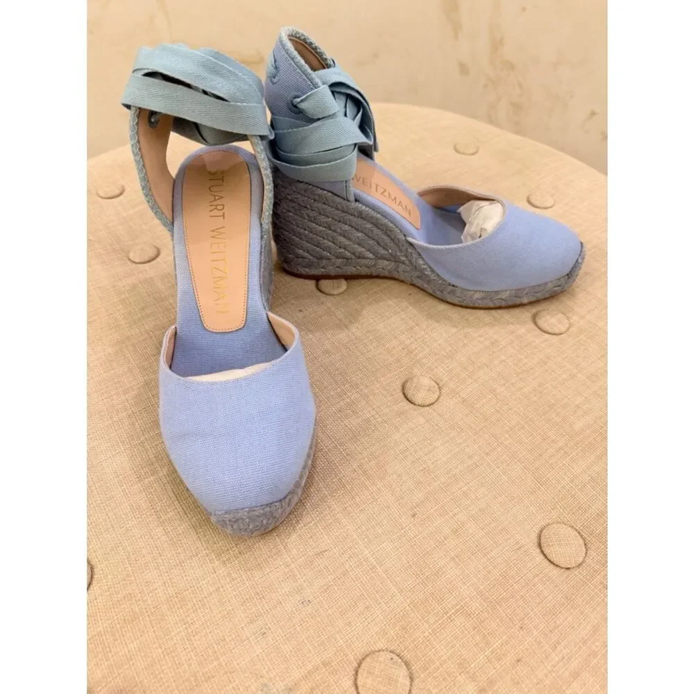 Stuart Weitzman Light Blue Espadrille Wedge Ankle-Tie Sandals - Picture 4 of 12